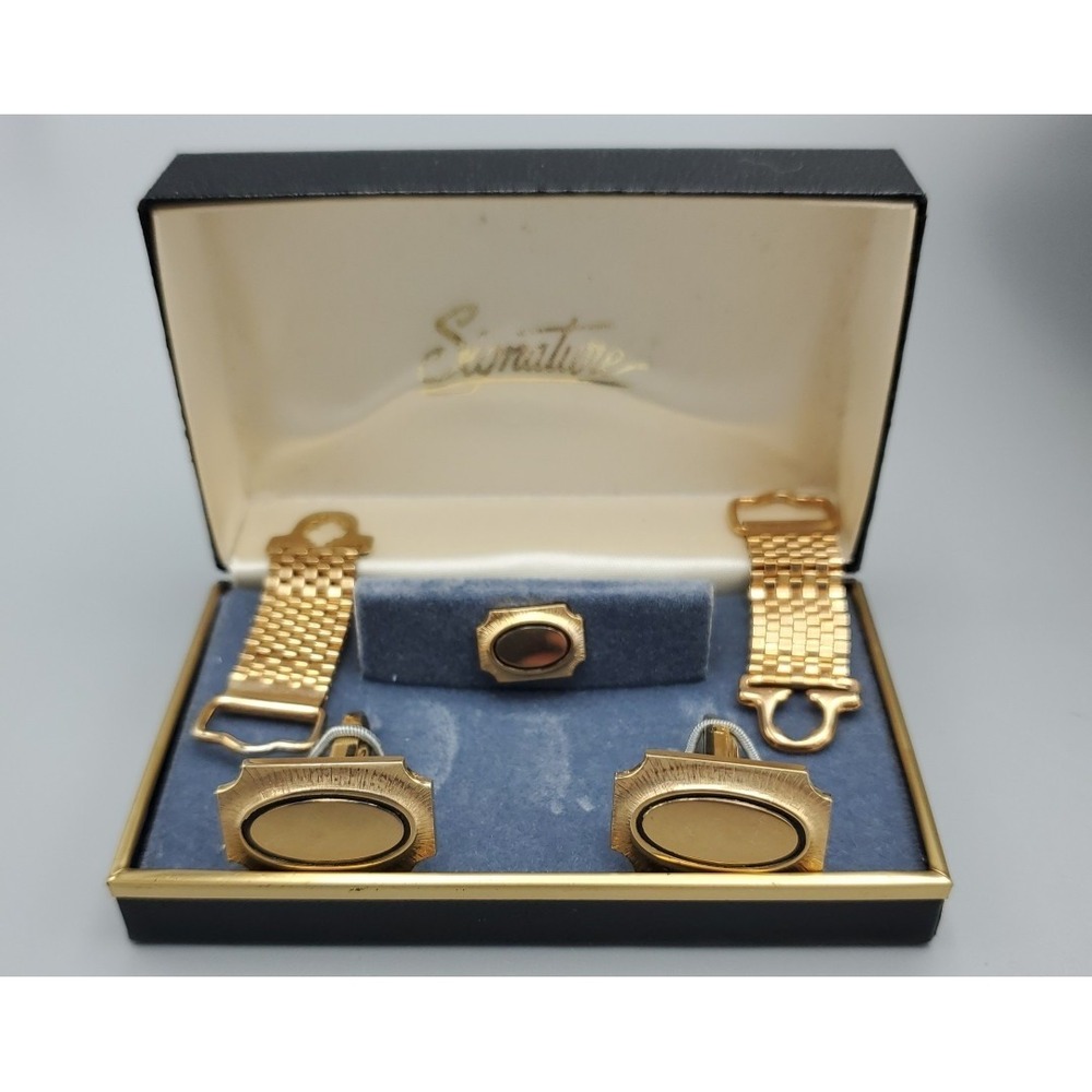 Vintage Signature 5 Piece Mesh Wrap Cuff Links Tie Tack Gold Toned Men's Jewelry